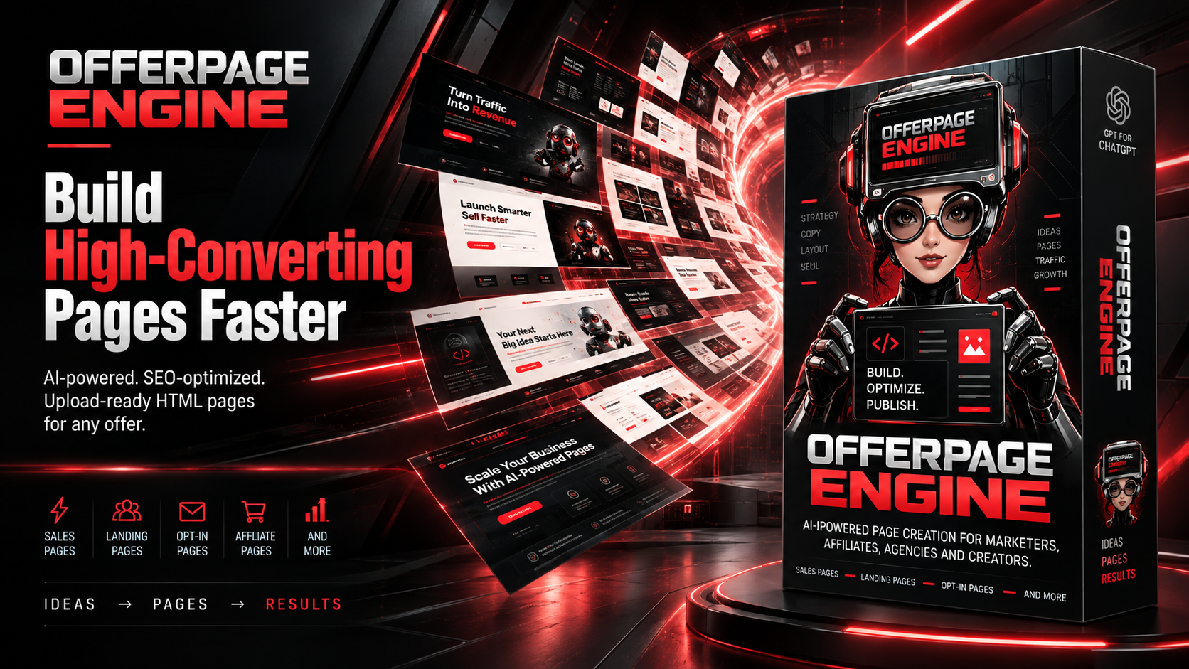 OfferPage Engine page-building assistant and product visuals
