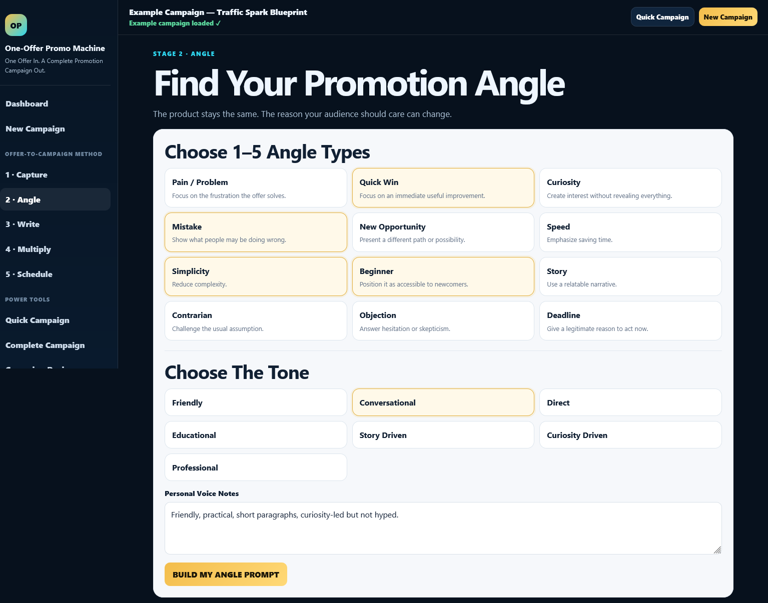 Find Your Promotion Angle screen
